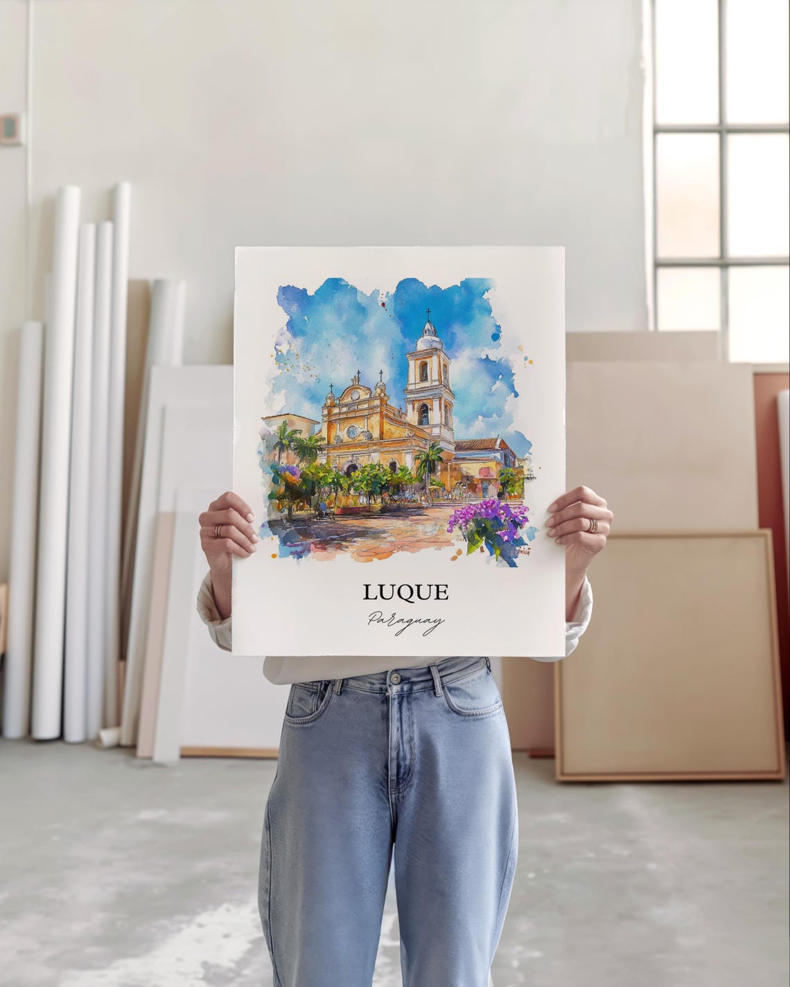 Luque Paraguay Watercolor Bell Tower Plaza Purple Flower Poster - Image 4