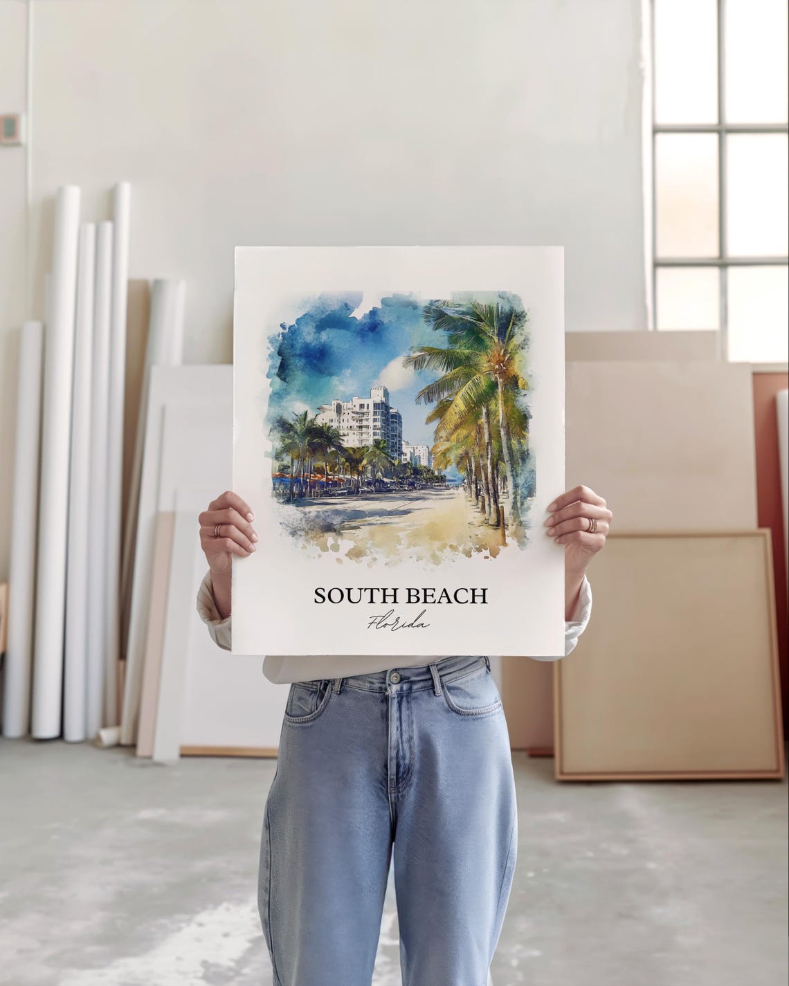 South Beach Florida Palm Trees Art Deco Watercolor Beach Poster - Image 3
