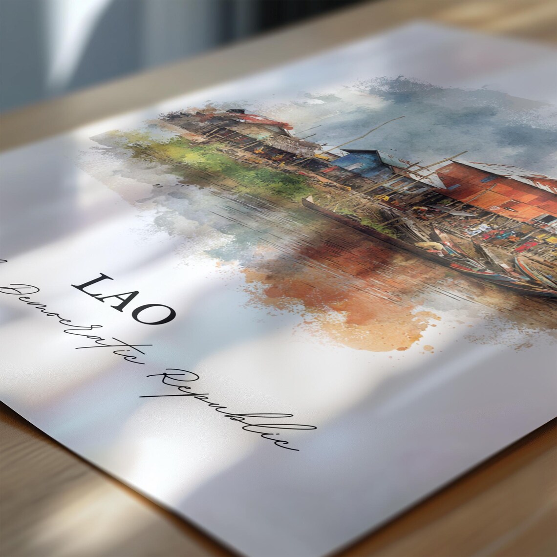 Lao Peoples Democratic Republic Watercolor River Village Travel Poster - Image 6