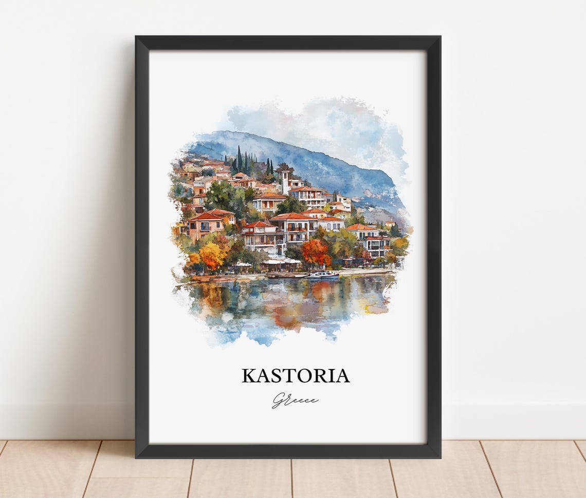 Kastoria Greece Watercolor Lakeside Town Mountain Reflection Poster - Image 3