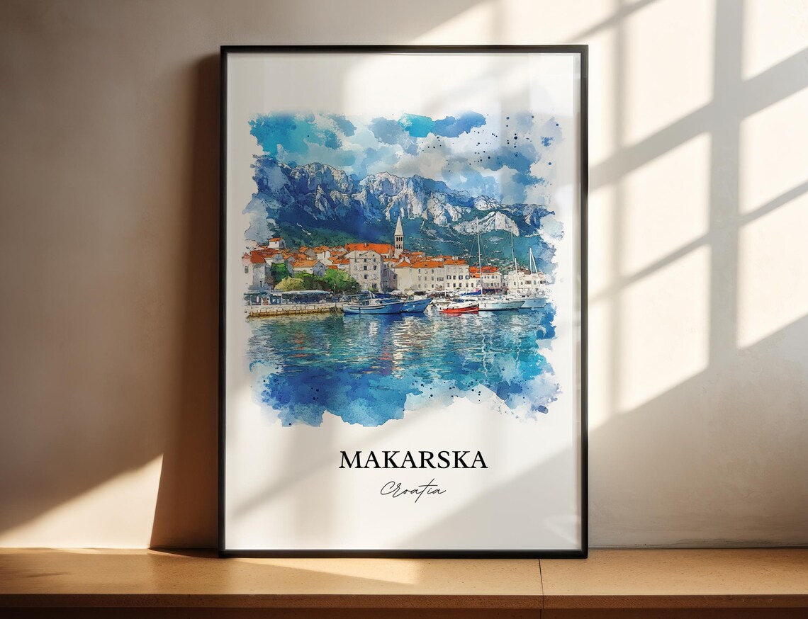 Makarska Croatia Harbor and Mountain Coastline Watercolor Poster