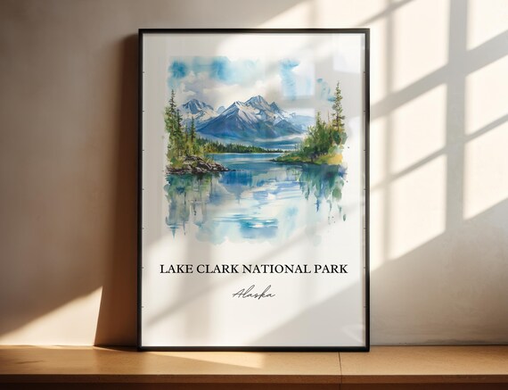 Lake Clark Alaska National Park Snowy Peaks Lake Watercolor Poster