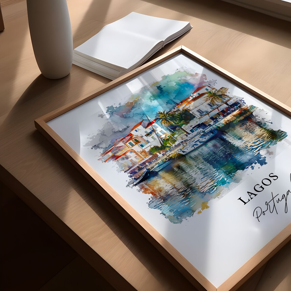 Lagos Portugal Algarve Marina Palm Harbor Watercolor Town Poster - Image 5