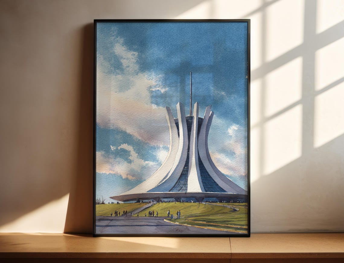 Brasilia Cathedral Brazil Niemeyer Watercolor Architecture Poster