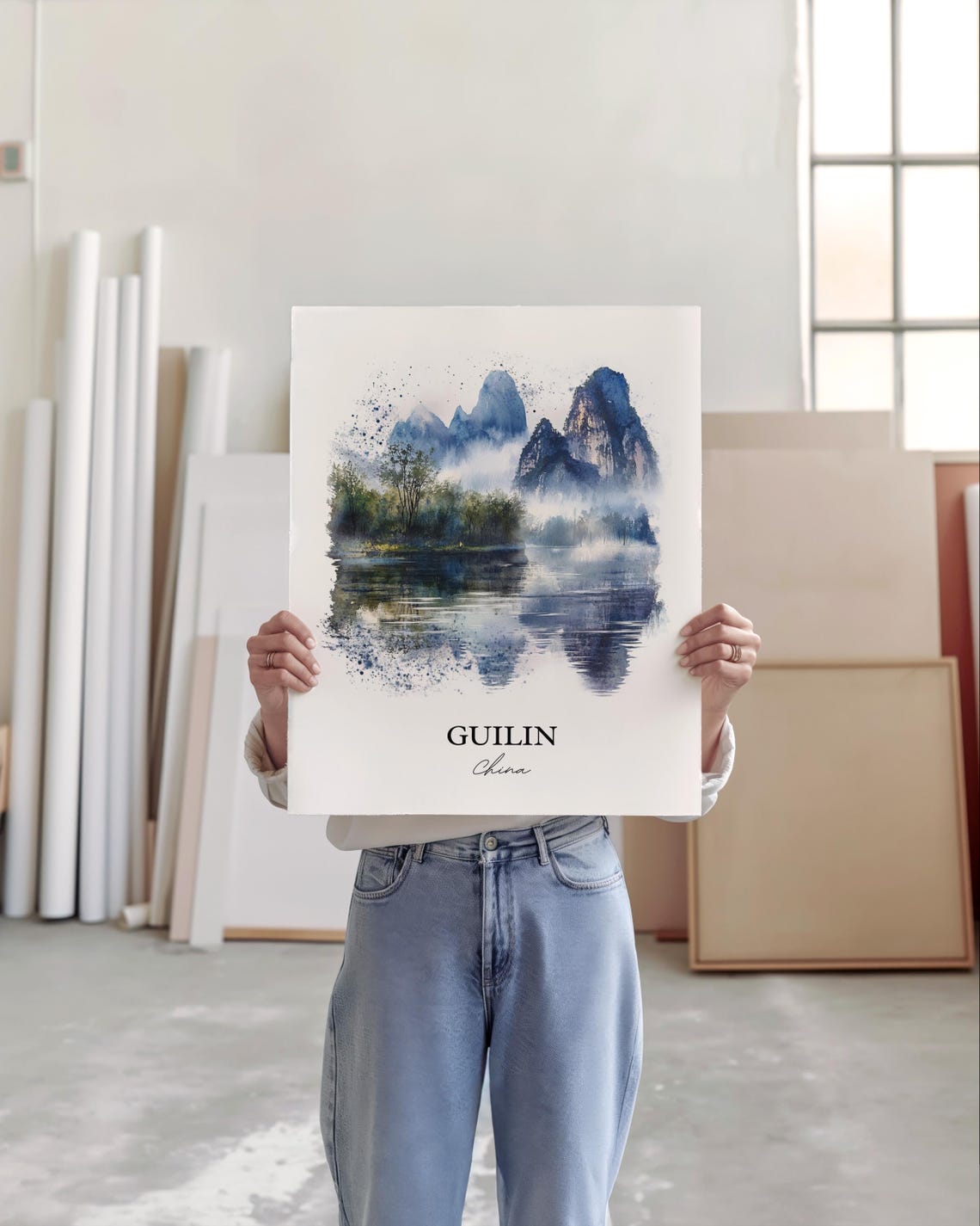 Guilin China Watercolor Karst Mountains Misty River Art Poster - Image 5