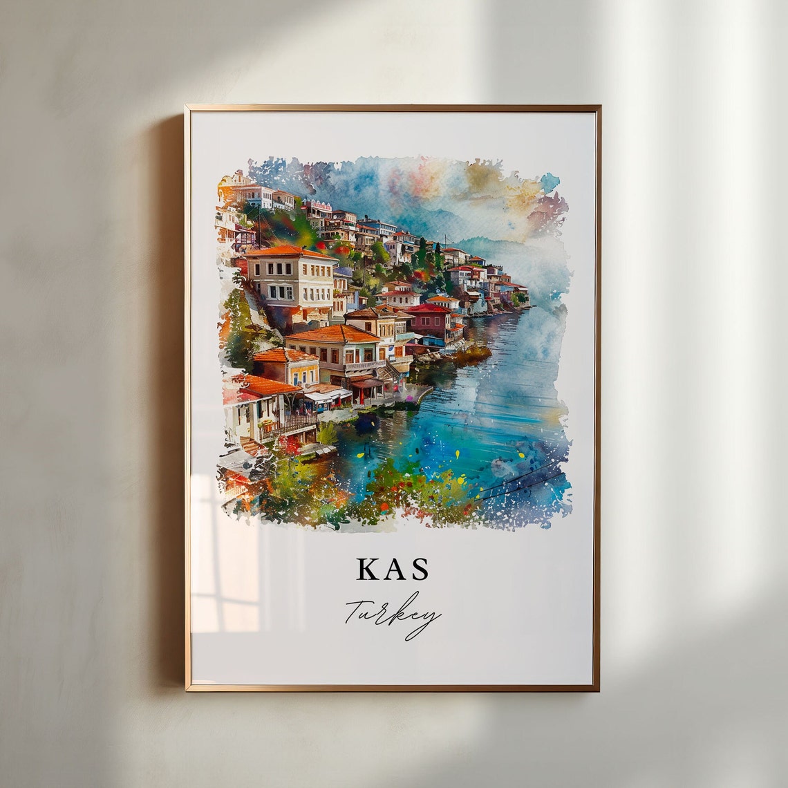 Kas Turkey Watercolor Mediterranean Coastal Town Seaside Poster