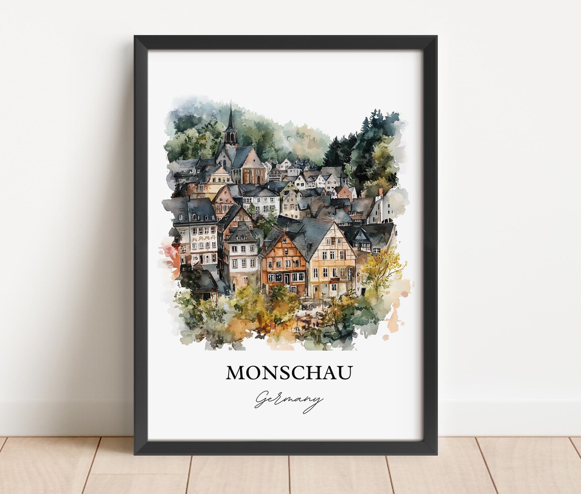 Monschau Germany Watercolor Half Timbered Village Church Hill Poster - Image 3