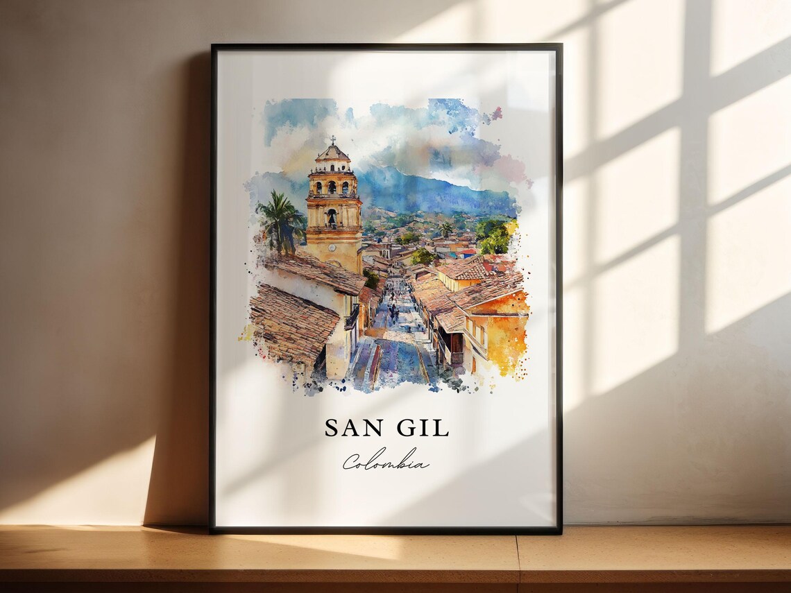 San Gil Colombia Bell Tower Terracotta Roofs Watercolor Poster - Image 4