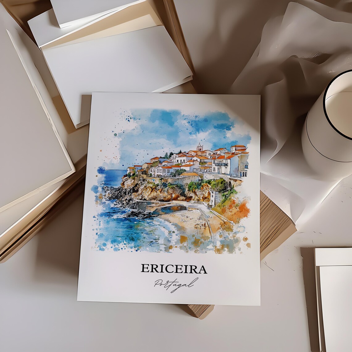 Ericeira Portugal Cliffside Fishing Village Watercolor Travel Poster - Image 2