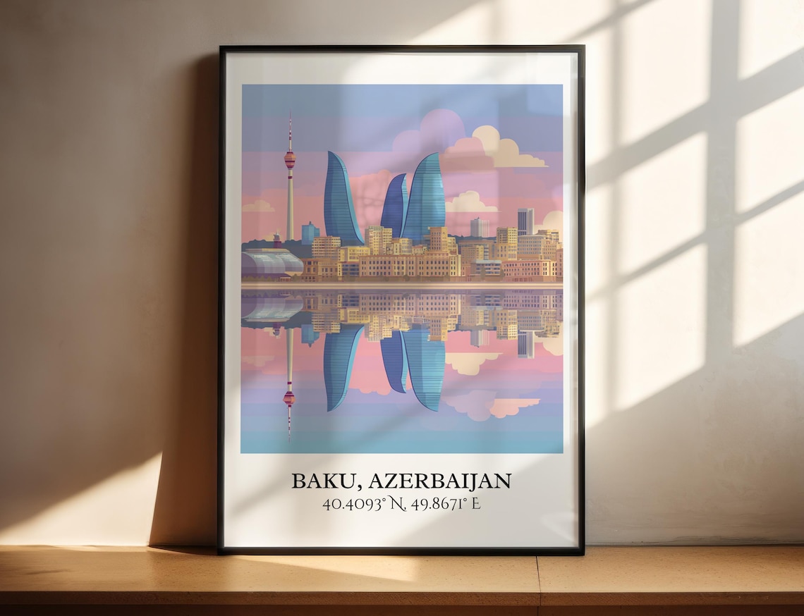 Baku Azerbaijan Flame Towers Waterfront Reflection Retro Travel Poster