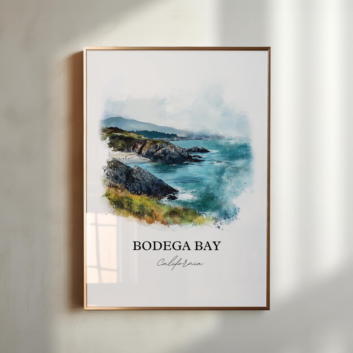 Bodega Bay California Rocky Headland Watercolor Travel Poster