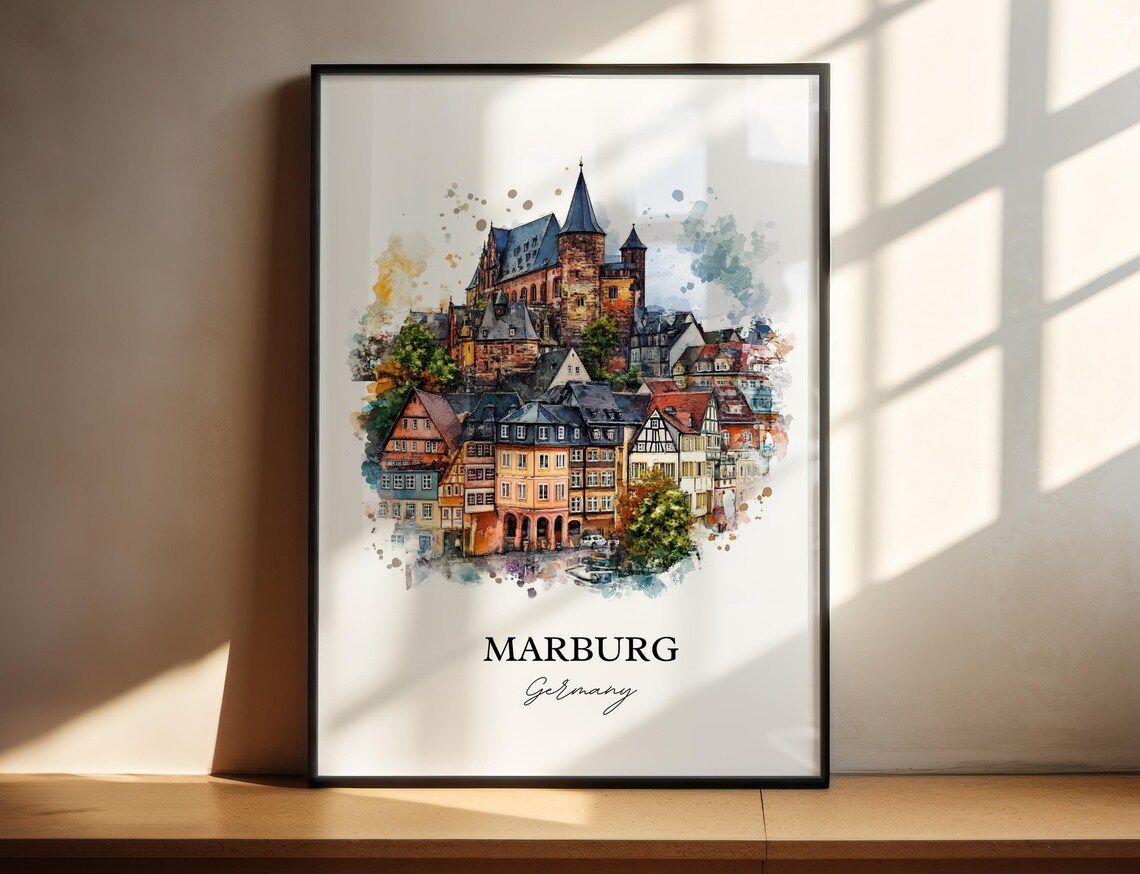 Marburg Germany Hilltop Castle Church Old Town Watercolor Poster