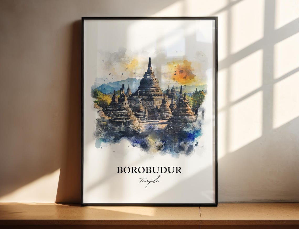 Borobudur Temple Indonesia Stone Stupas Watercolor Travel Poster