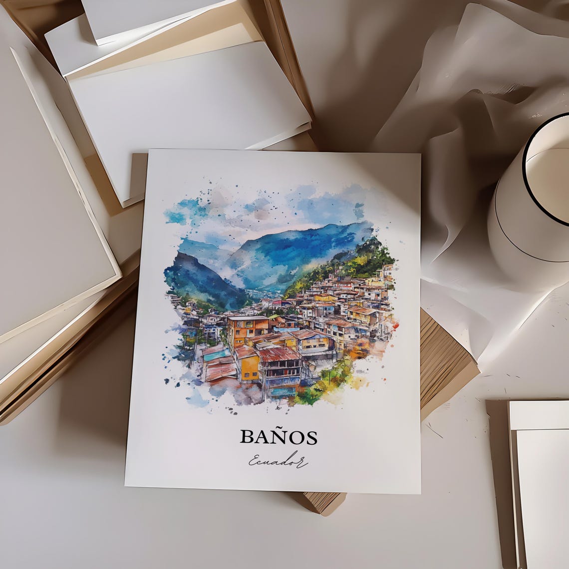 Baños Ecuador Misty Andean Peaks Town Valley Watercolor Poster - Image 4