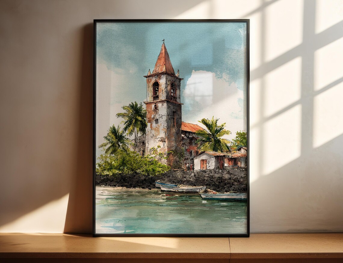 Moroni Waterfront Church Tower Boats Watercolor Travel Art Poster