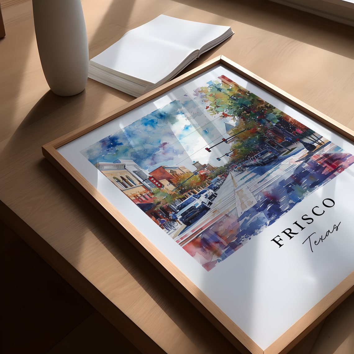 Frisco Texas Watercolor Downtown Street Scene Urban Travel Poster - Image 5