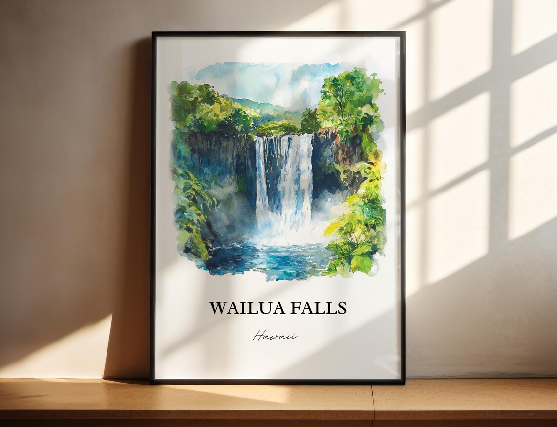 Wailua Falls Hawaii Lush Jungle Waterfall Watercolor Travel Poster