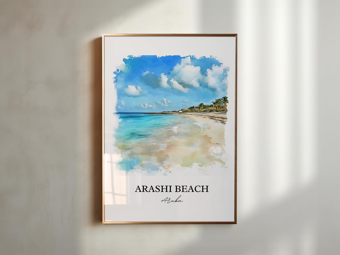 Arashi Beach Aruba Caribbean Palms Watercolor Tropical Poster - Image 2