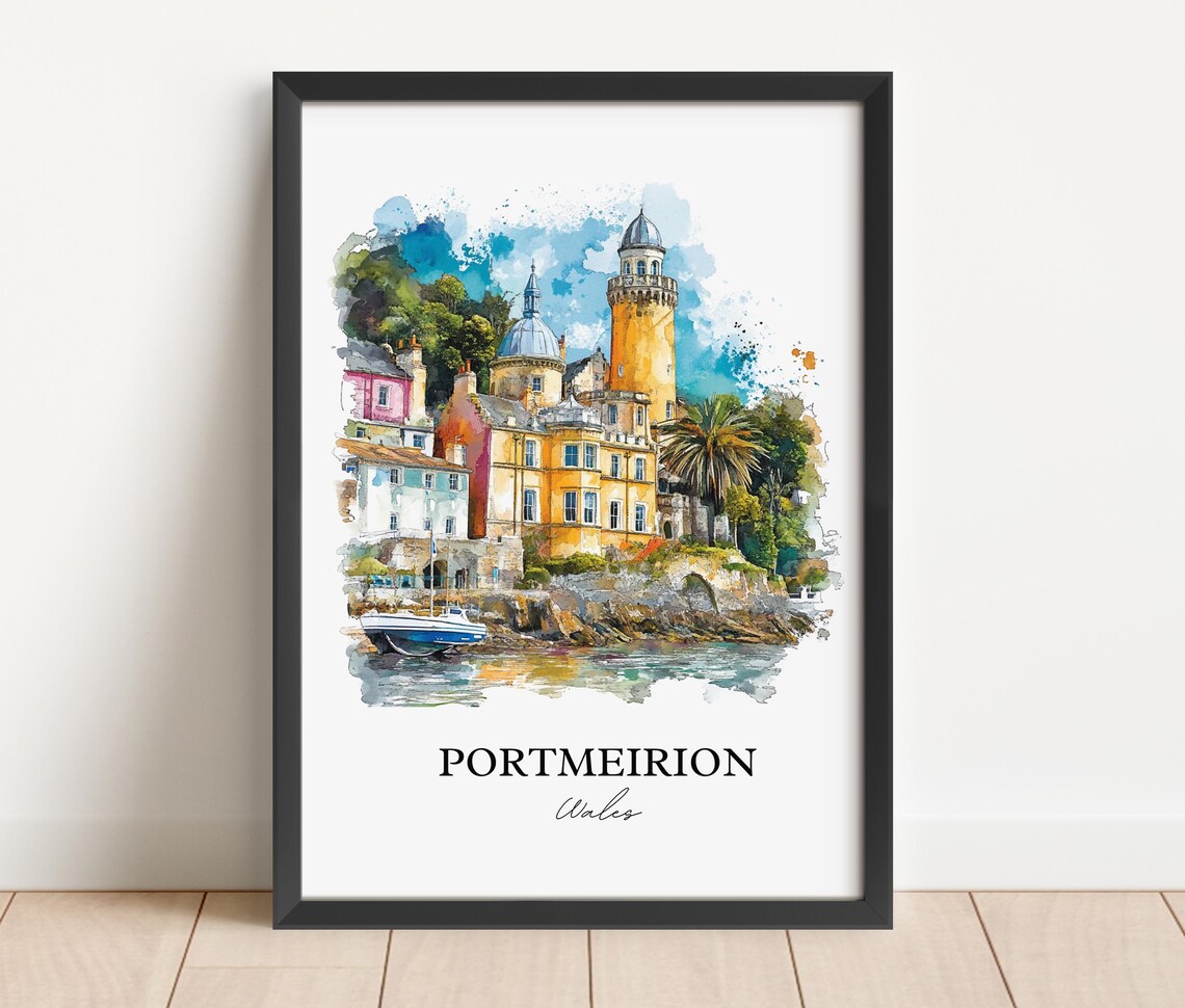 Portmeirion Wales Colorful Coastal Village Watercolor Travel Poster - Image 2