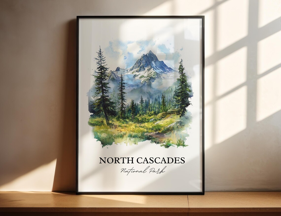 North Cascades National Park Snowy Peaks Pines Watercolor Poster