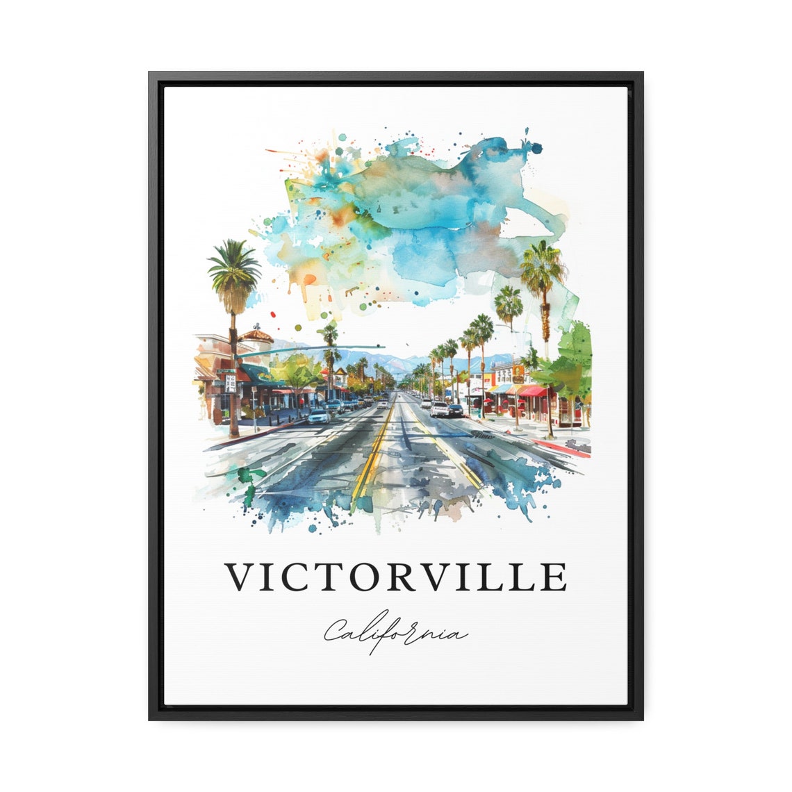 Victorville California Watercolor Main Street Palm Trees Poster - Image 2