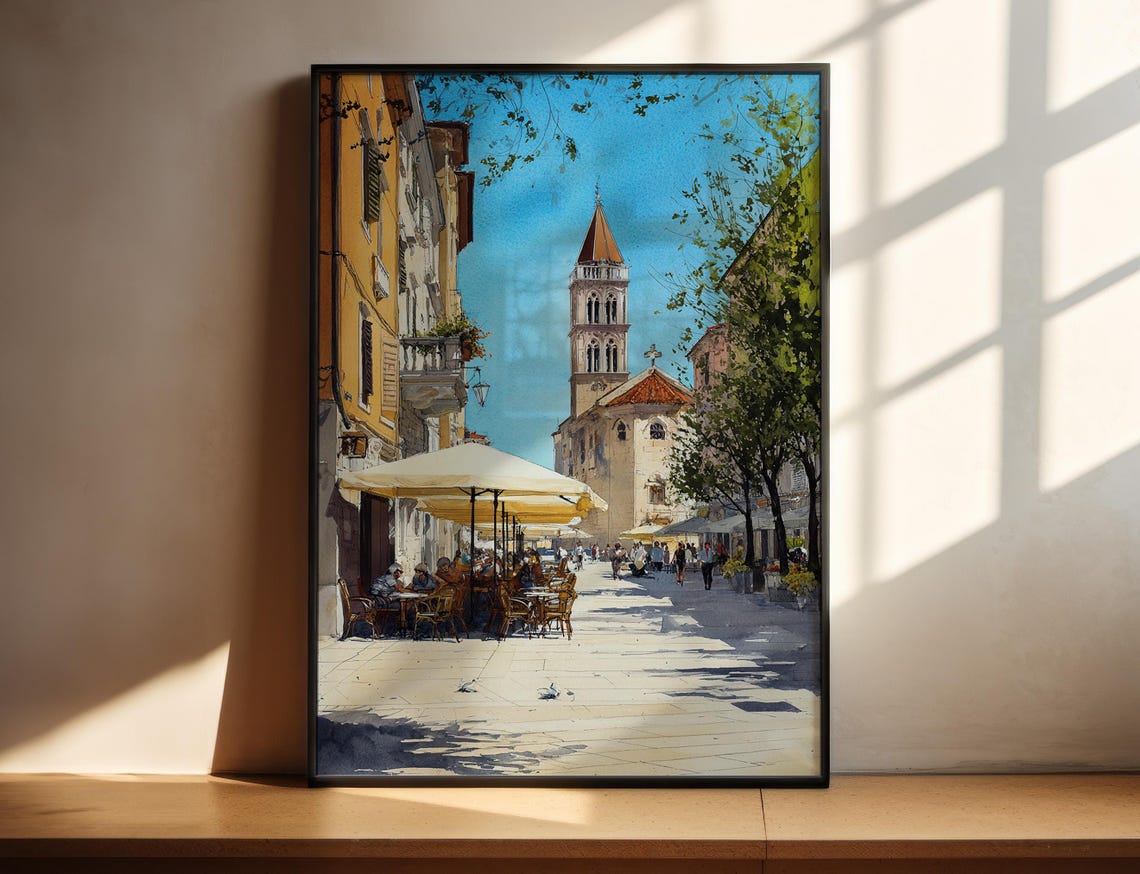 Zadar Croatia Sunny Cafe Square Bell Tower Watercolor Poster