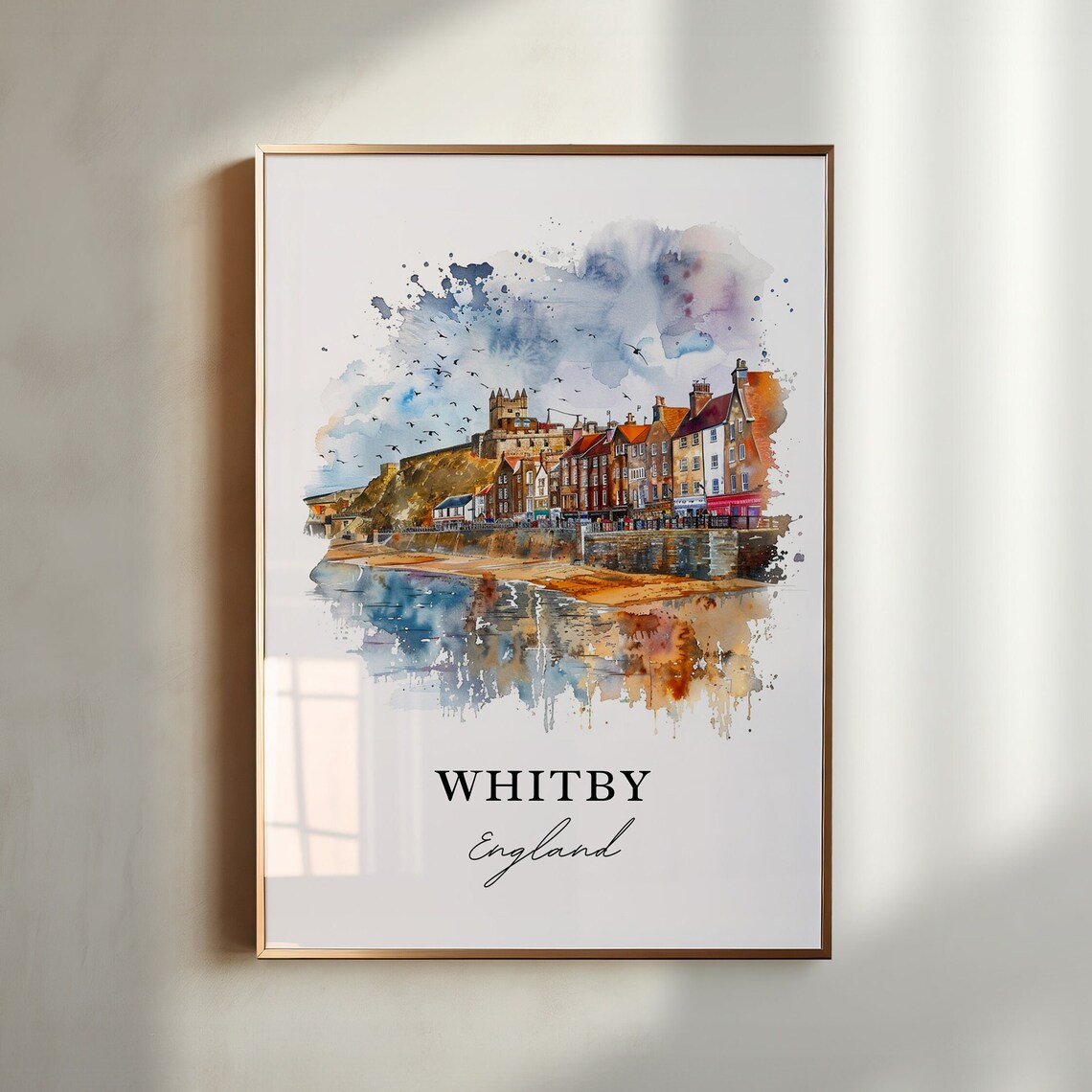 Whitby England Watercolor Harbor Town Abbey Cliff Reflection Poster