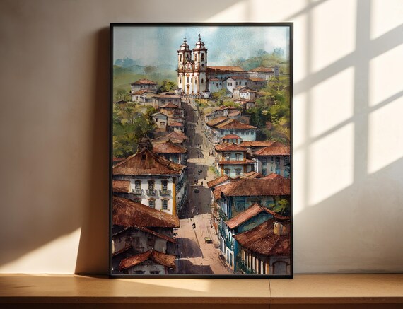 Ouro Preto Brazil Colonial Hill Town Church Watercolor Poster