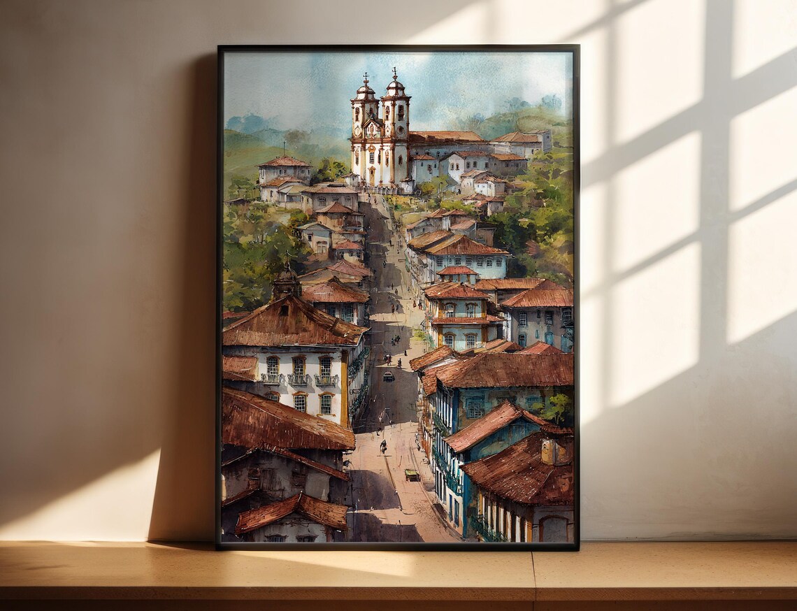 Ouro Preto Brazil Colonial Hill Town Church Watercolor Poster