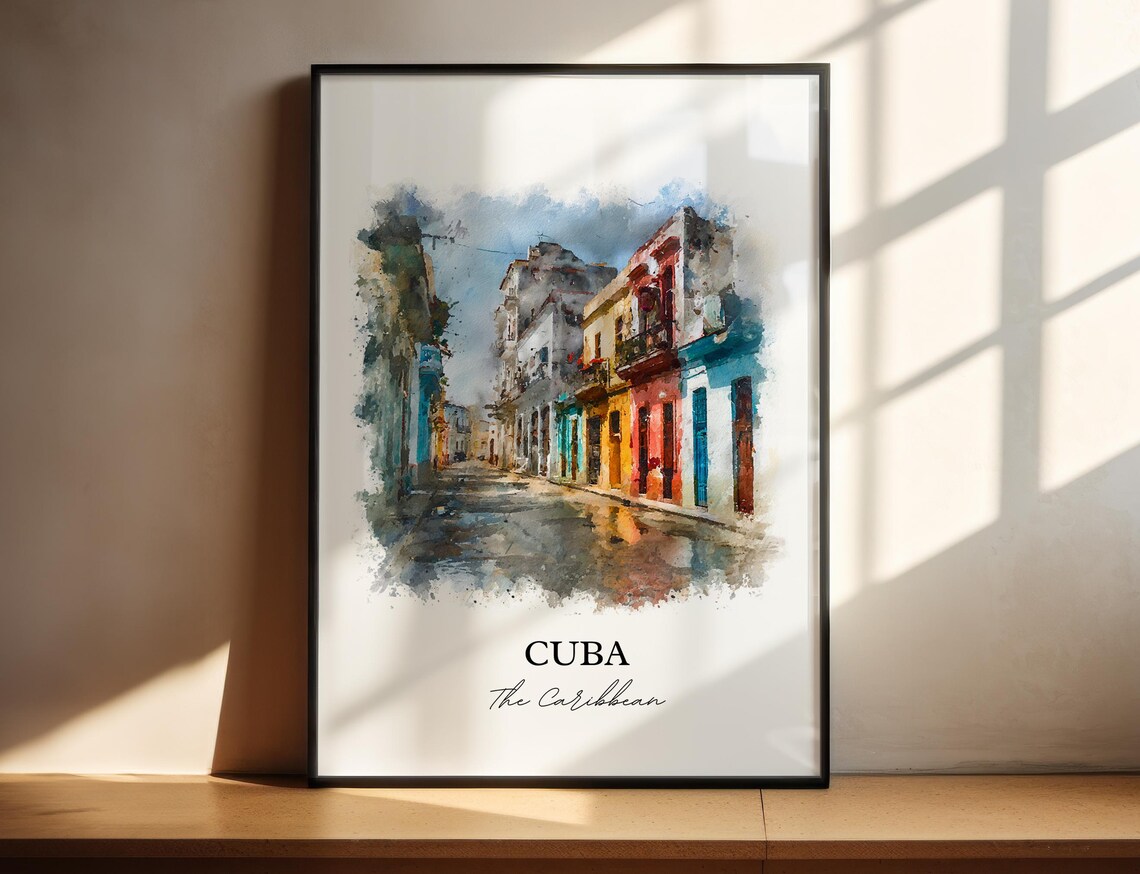 Cuba Caribbean Colorful Colonial Street Watercolor Art Poster