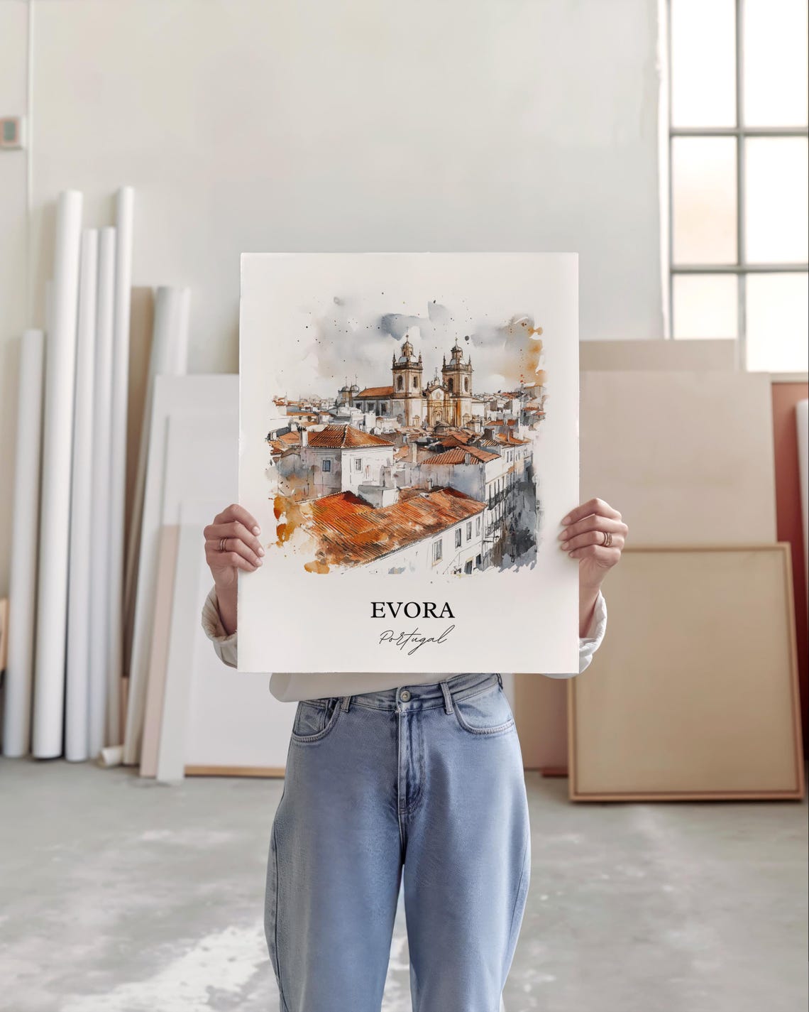 Evora Portugal Watercolor Rooftops Church Towers Historic Town Poster - Image 4
