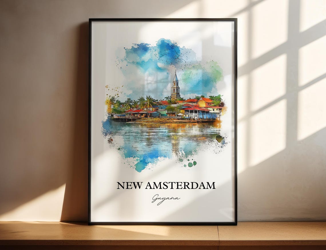 New Amsterdam Guyana Watercolor Waterfront Town Church Poster