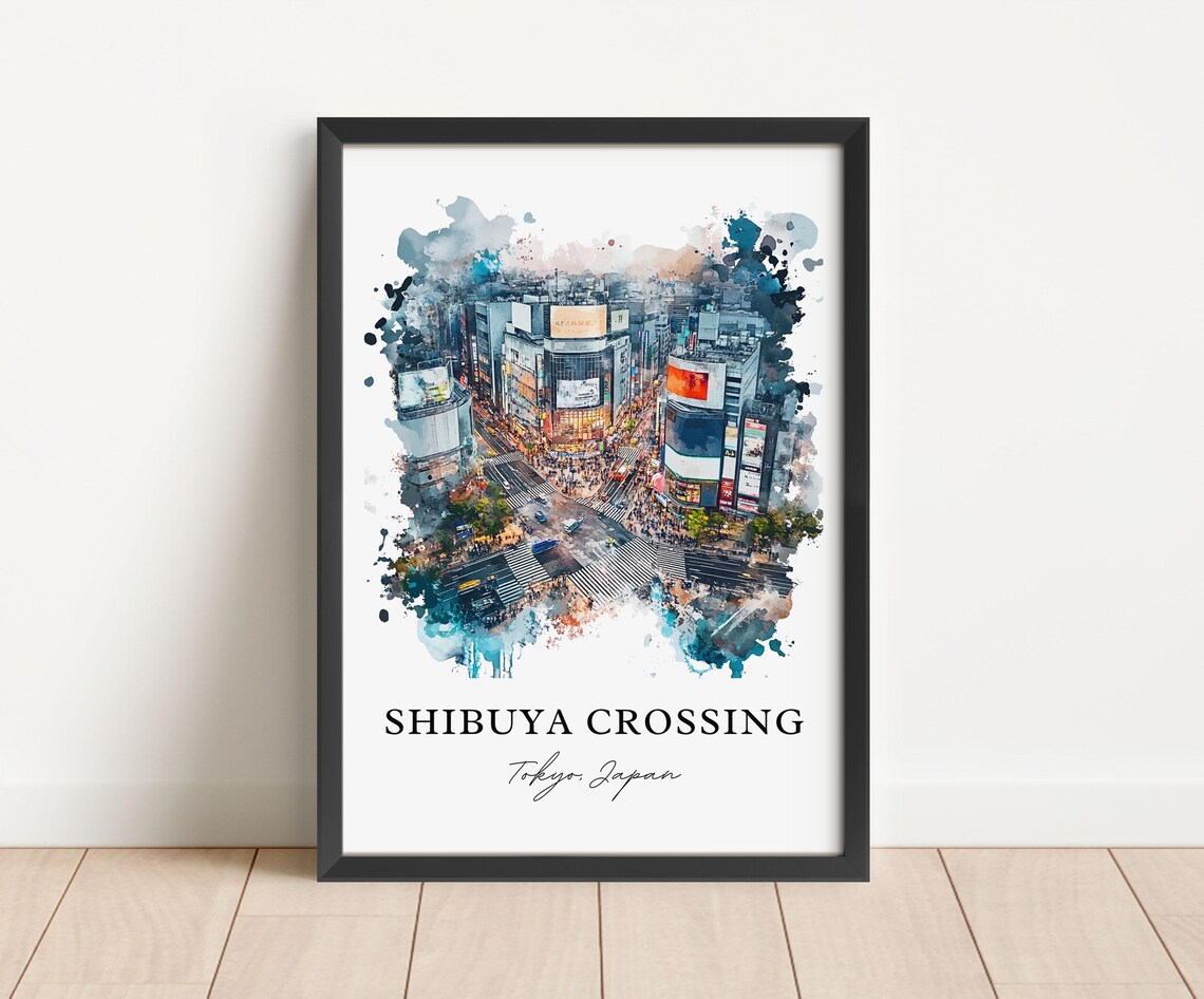 Shibuya Crossing Tokyo Japan Watercolor Cityscape Travel Poster - Image 3