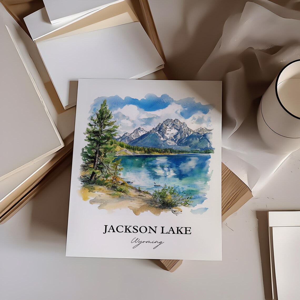 Jackson Lake Wyoming Mountain Lake Pine Trees Watercolor Poster - Image 3