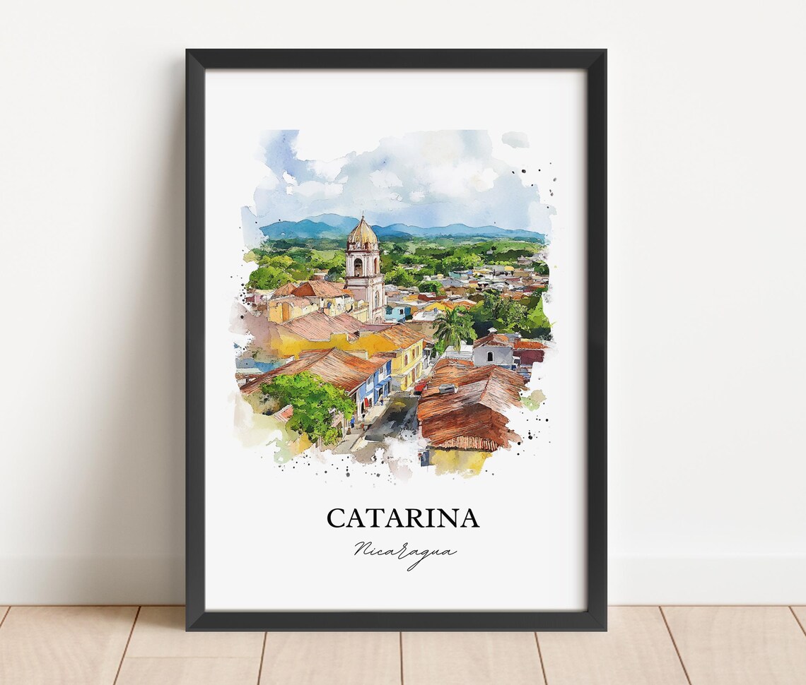 Catarina Nicaragua Watercolor Colonial Town Church View Travel Poster - Image 4