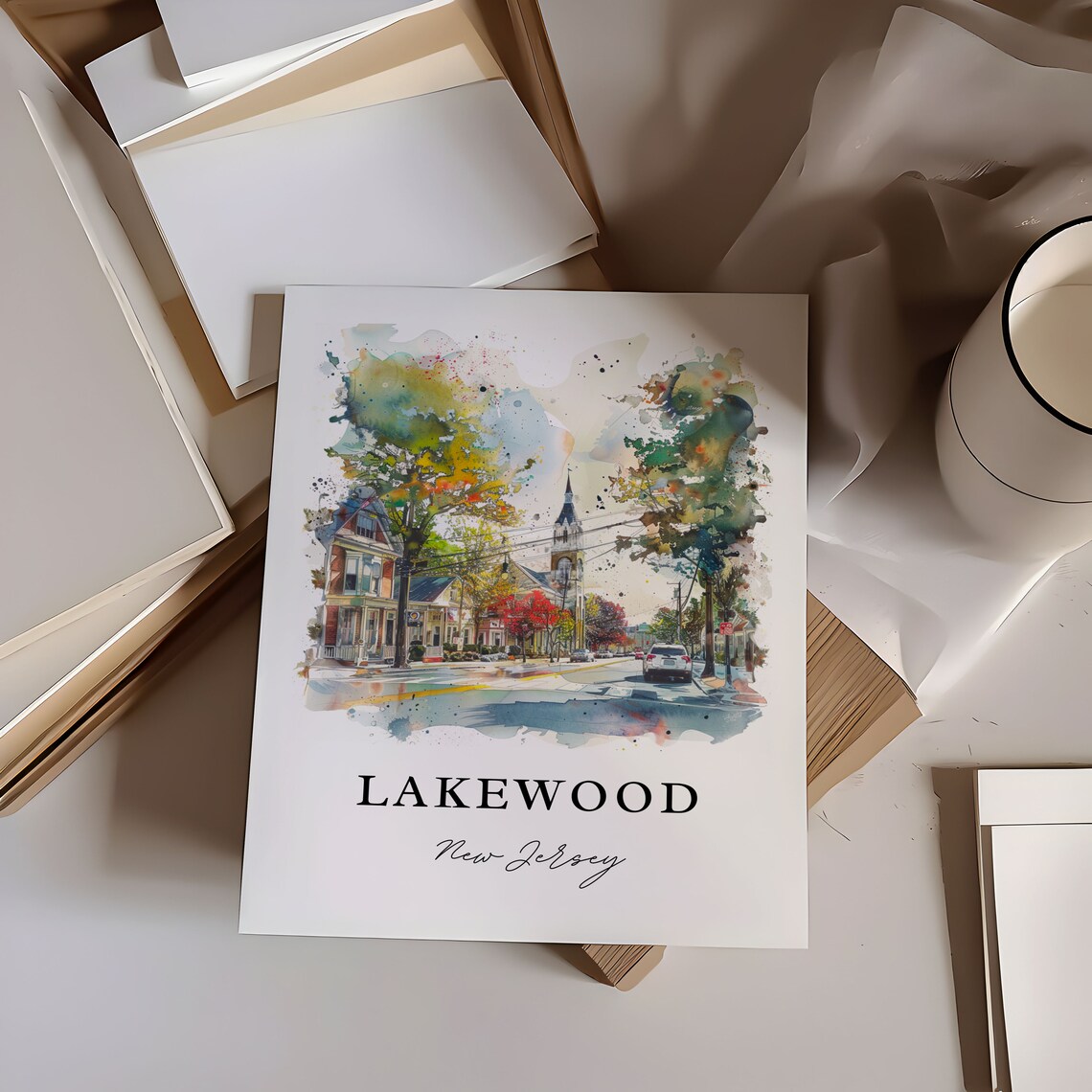 Lakewood New Jersey Watercolor Downtown Street Church Poster - Image 6