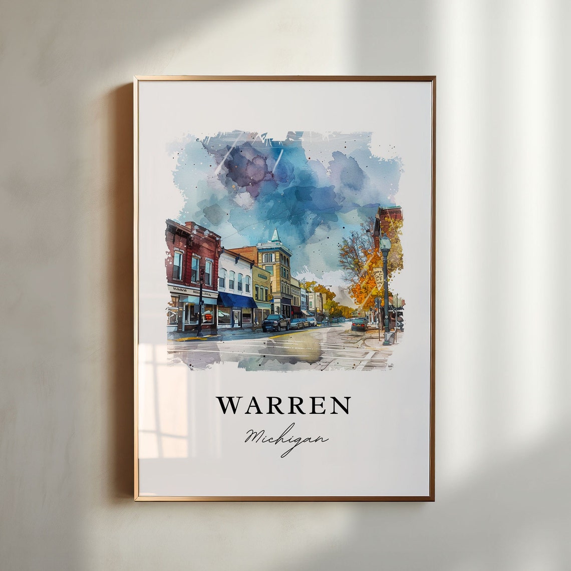 Warren Michigan Watercolor Downtown Street Autumn Trees Poster