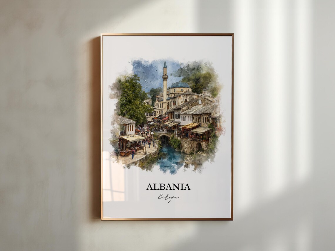 Albania Old Town Minaret Riverside Watercolor Travel Art Poster - Image 5