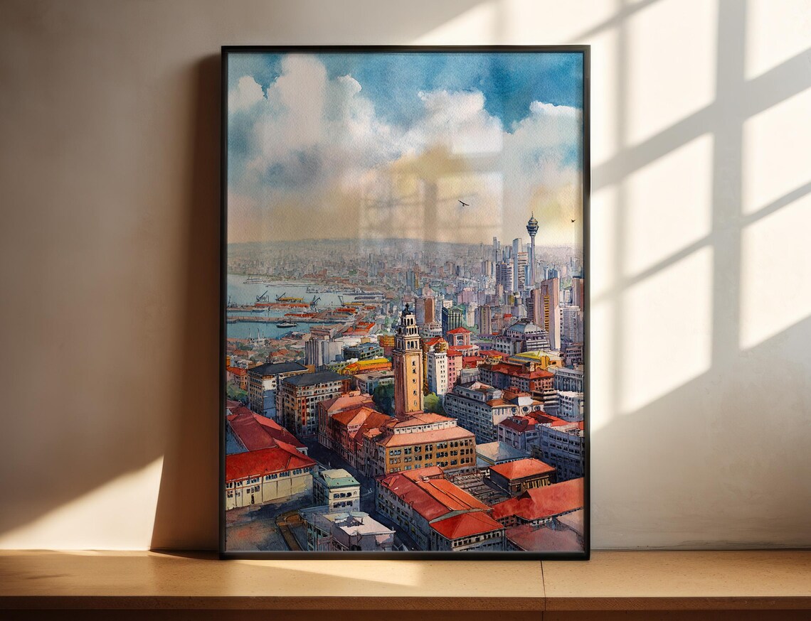 Bright Coastal Harbor City Skyline Aerial Watercolor Travel Poster