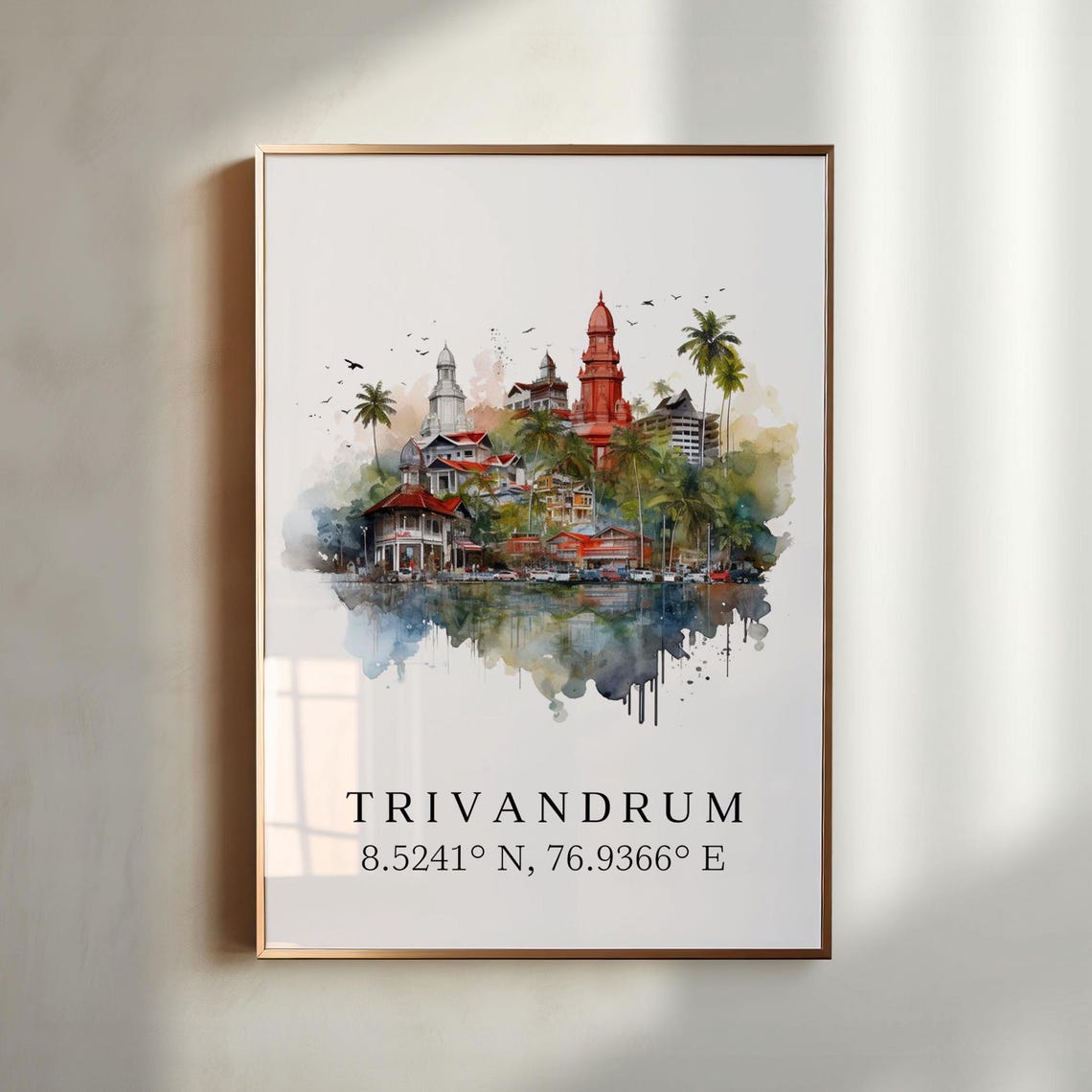 Trivandrum India Watercolor Red Dome Temples Coordinates Poster