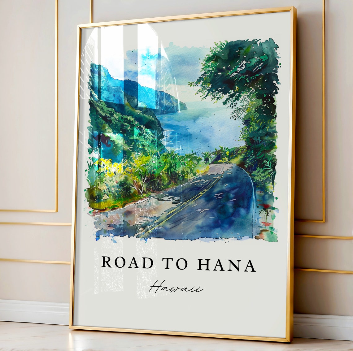 Road To Hana Hawaii Watercolor Coastal Road Cliffs Ocean Poster - Image 4