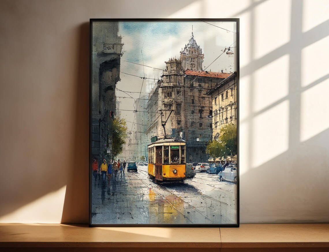 Milan Italy Yellow Tram Street Watercolor Travel Cityscape Art Poster