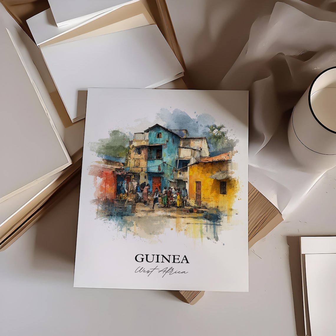 Guinea West Africa Colorful Old Town Street Watercolor Poster - Image 3