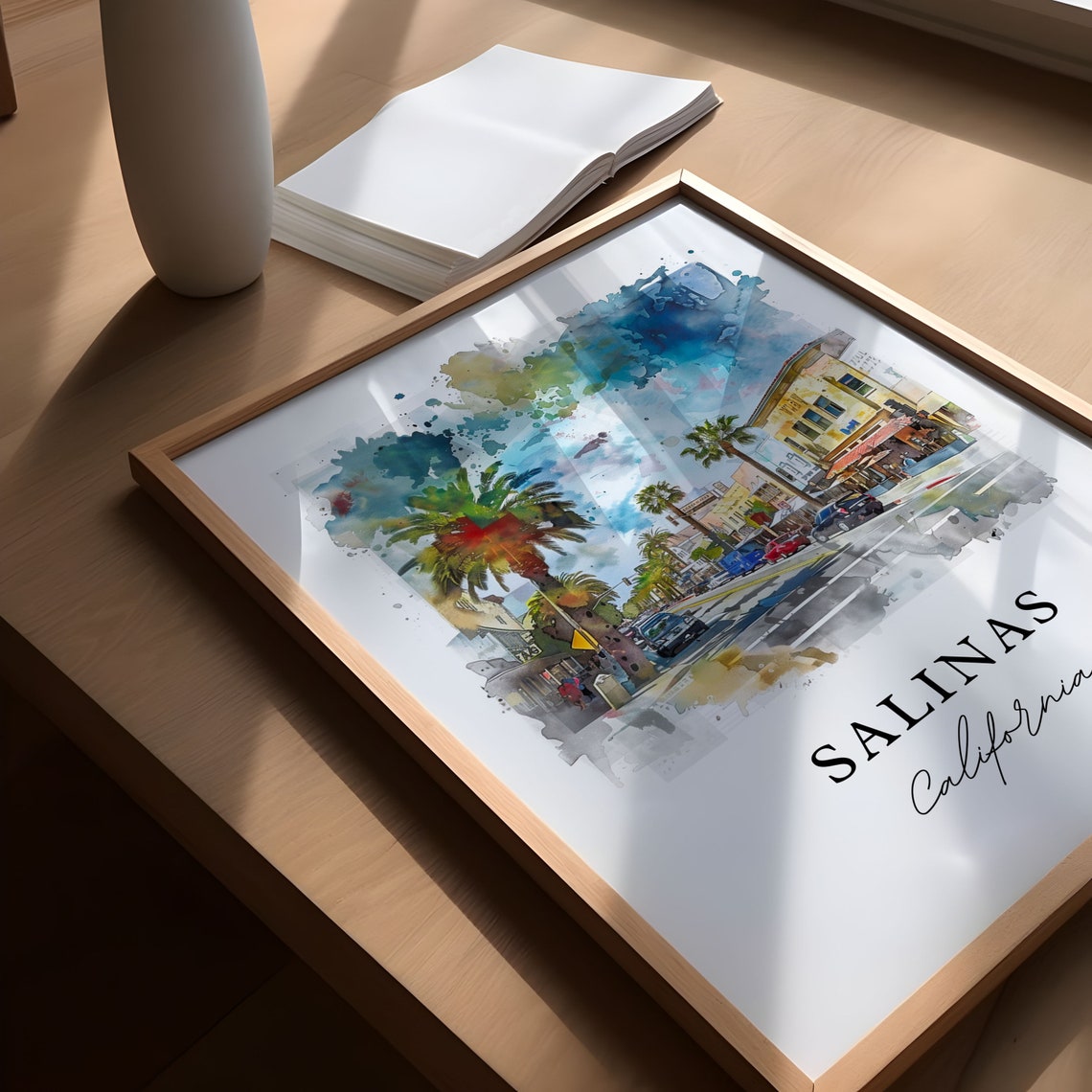 Salinas California Charming Palm Lined Street Watercolor Poster - Image 4