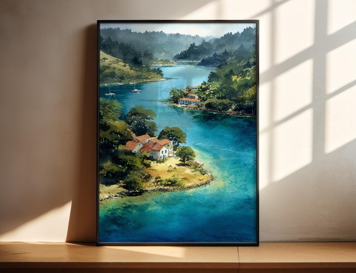 Mljet Island Croatia Turquoise Bay Sailboats Watercolor Travel Poster