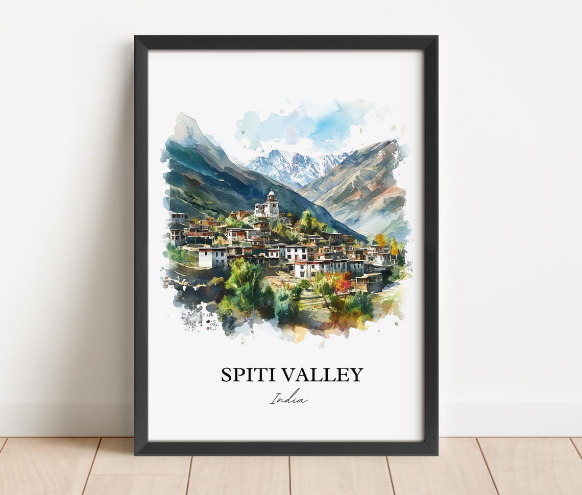 Spiti Valley India Watercolor Himalayan Mountain Village Poster - Image 3