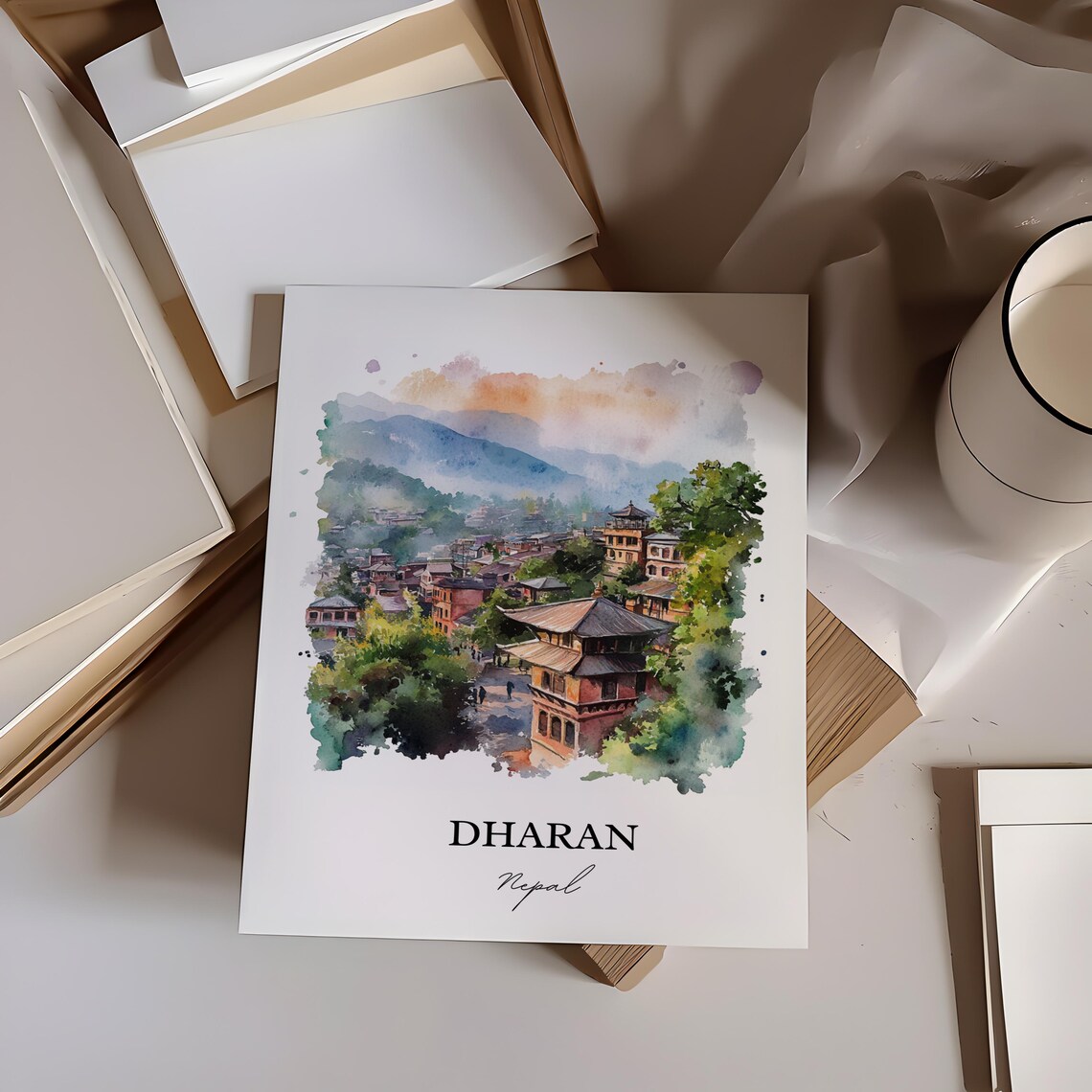 Dharan Nepal Watercolor Green Hill Town Pagoda Travel Poster - Image 4