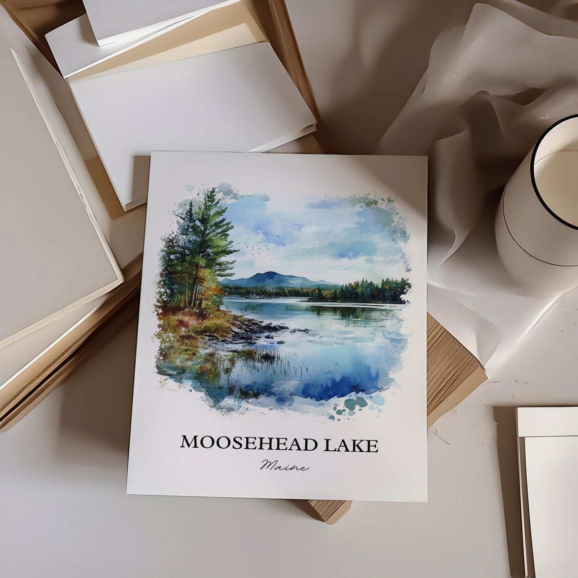 Moosehead Lake Maine Pine Shoreline Mountain Watercolor Poster - Image 3