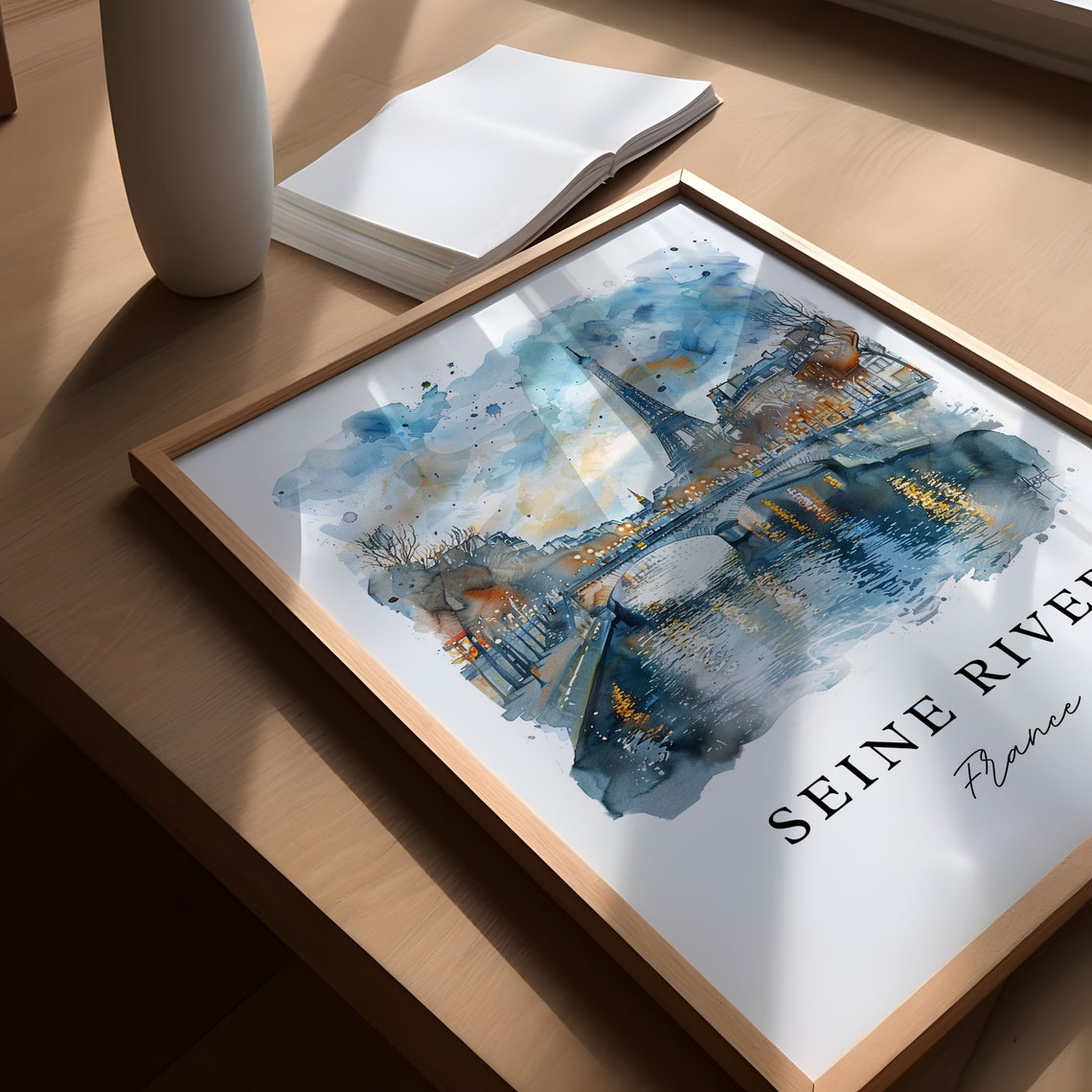 Seine River France Watercolor Bridge Eiffel Tower Lights Poster - Image 5