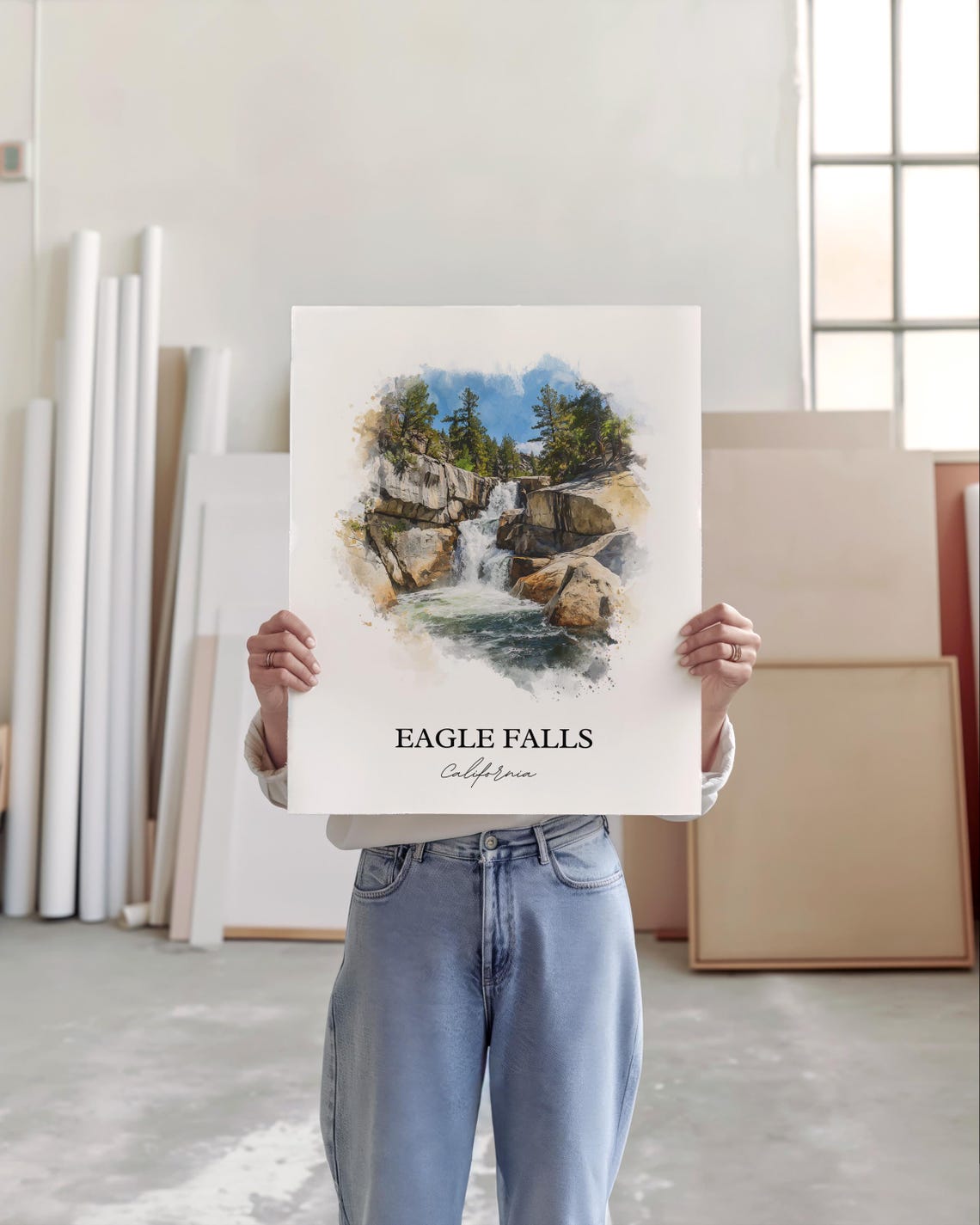 Eagle Falls California Rocky Cascade Mountain Stream Watercolor Poster - Image 4